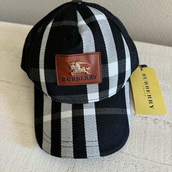 NWT BURBERRY Hat Black White Check Plaid Mesh Back Baseball Cap - Picture 6 of 8